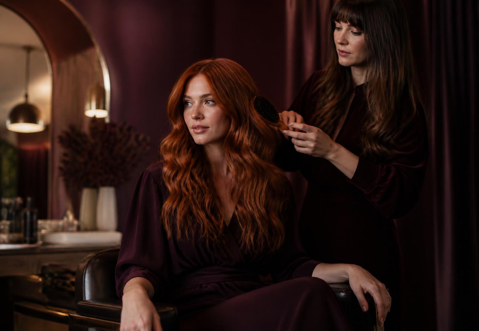 Red-haired salon client seated in a burgundy studio while her stylist brushes her hair
