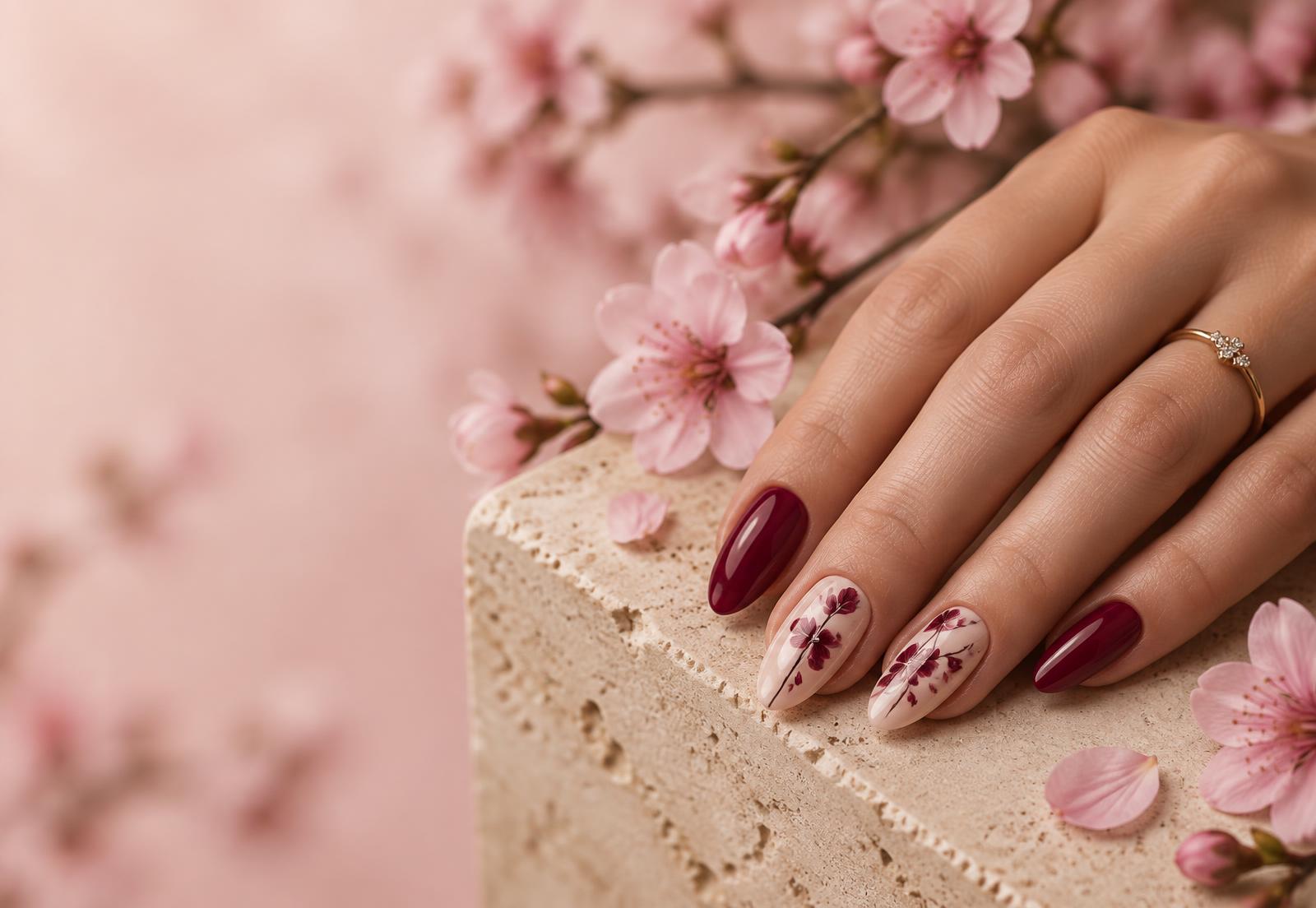 Relaxed manicured hand with wine and floral-painted nails resting on warm stone among pink blossoms